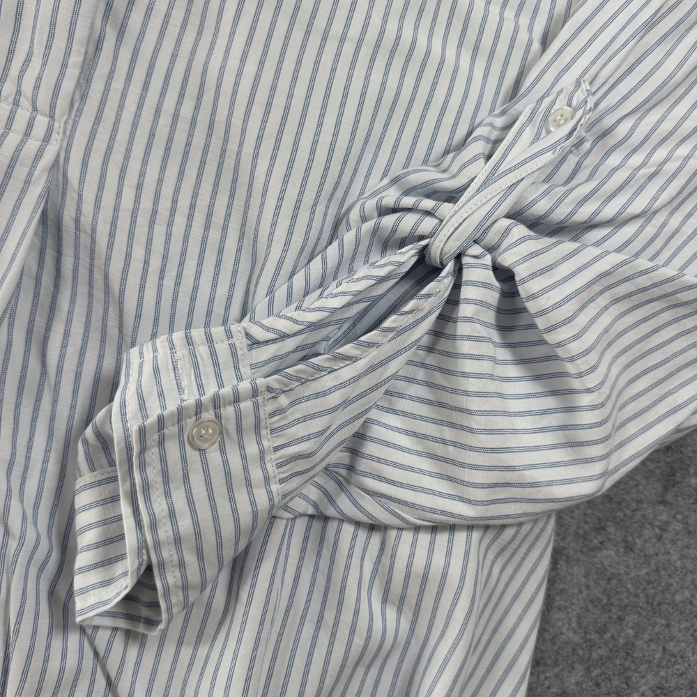 Max Studio London Pinstripe Blouse 2X Blue White Tie Sleeve Button Cuff - Picture 3 of 10